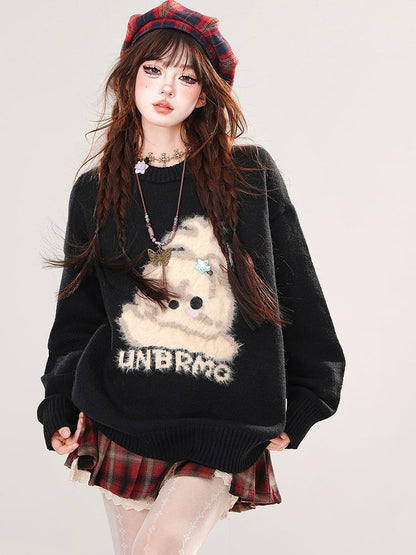 ミルクイエロー/ブラック/レッドのキュートな子犬柄のゆったりセーター