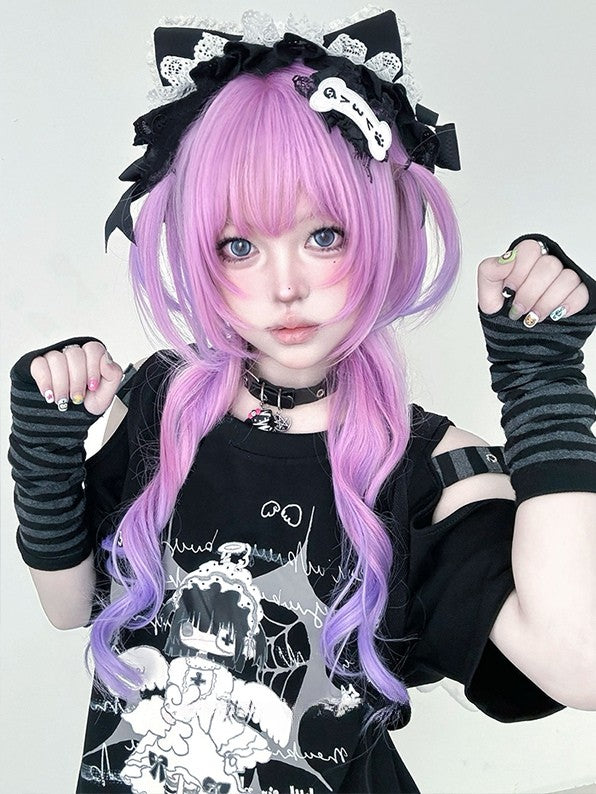 ウィッグ 姫系カラー オンブレヘア 前髪あり ウェーブカット 長さ72cm ピンクパープルエア