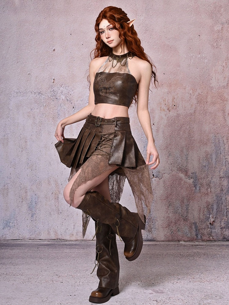 Wasteland PU Neck Punk Top Dark Butterfly Halter Brown