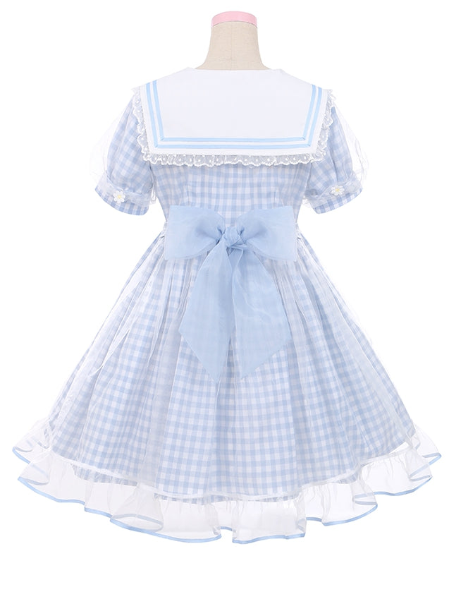 Hellblauer Matrosenkragen, weiße Gänseblümchen, kariertes süßes Kleid mit Schleifendetails