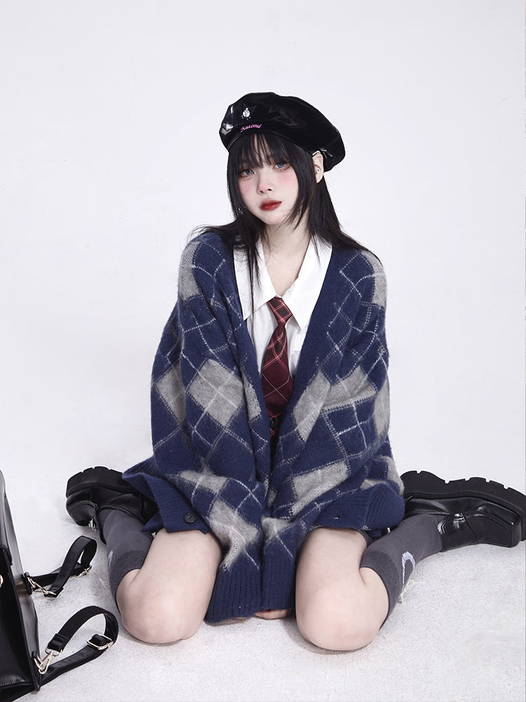 Fall Brushed Diamond Cardigan Version Blue V-Neck Mink Knit Pattern Retro /Faux