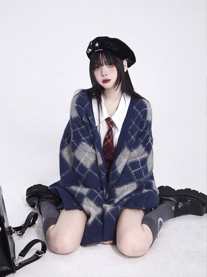 Fall Brushed Diamond Cardigan Version Blue V-Neck Mink Knit Pattern Retro /Faux