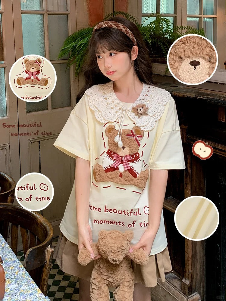 Cotton Plush Bear Embroidery Apricot Round Neck Loose T-shirt