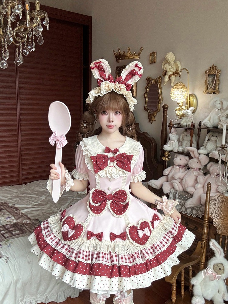 Red & Pink Puff-Sleeve Layered OP Sweet Lolita Dress with Bowknots & Heart Accents - Sweet Crystal