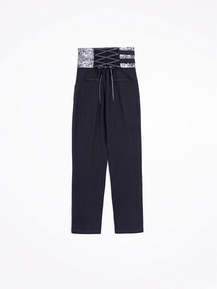 High-Waist Black Ouji Pants with Rosette Print and Buckles - DevilInspired Exclusive Collection