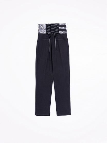 High-Waist Black Ouji Pants with Rosette Print and Buckles - DevilInspired Exclusive Collection