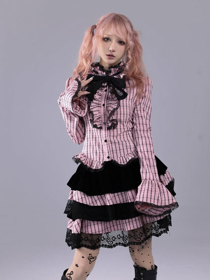 Black & Pink Striped Tiered Skirt with Musical Note Lace Trim - Hime Gyaru Style