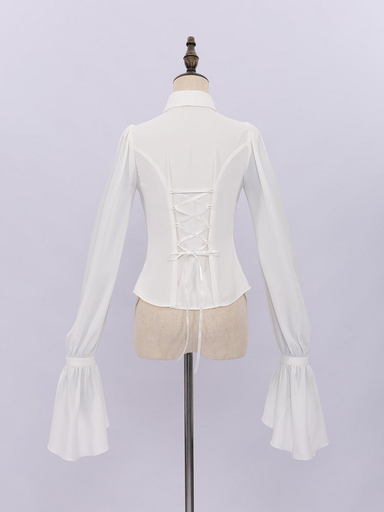 White Pleated Shirt with Foldover Collar, Ruffle Cuffs, and Jabot Tie - DevilInspired Exclusive Collection