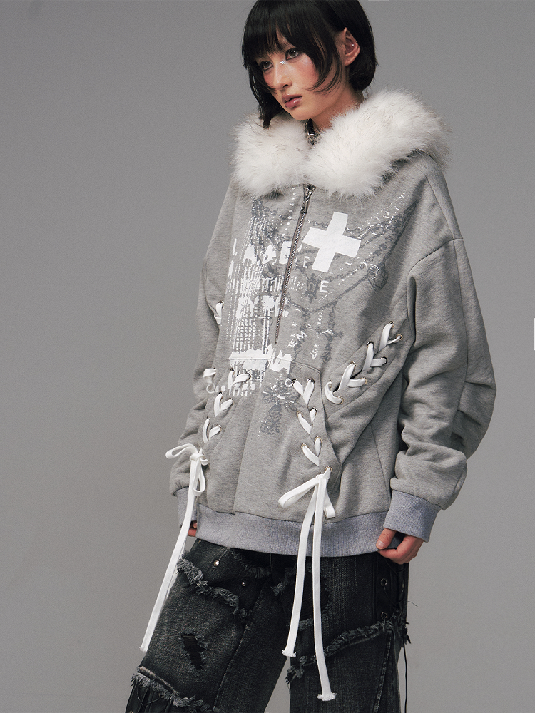 Print Gray Top Decorated Lace-up Floral -