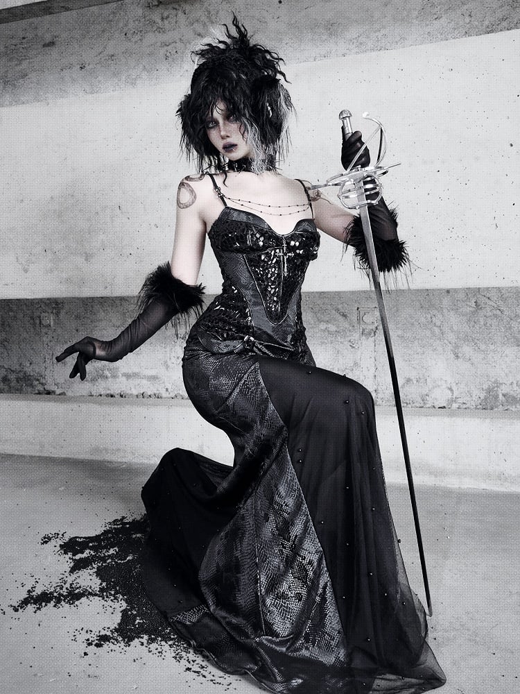 Black Victorian Bustier Bodice Spaghetti Straps Dress Evening Gown Mermaid Dress