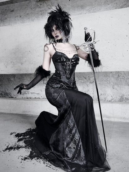 Black Victorian Bustier Bodice Spaghetti Straps Dress Evening Gown Mermaid Dress