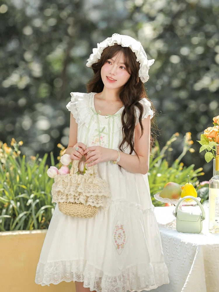 Trim Mori Kei Dress White Floral Embroidery Lace