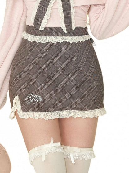 Bodycon Skirt Trim Lace Plaid Brown with Accents