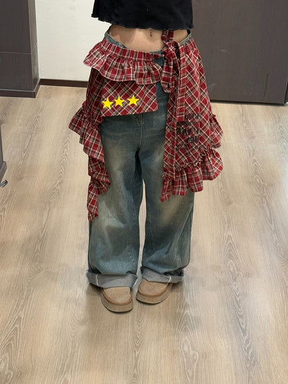 Apron Stars Red Element Skirt with Plaid Pattern Retro and