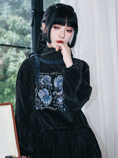 Embroidery Mock Cheongsam - Neck Black Goth Sweatshirt with Goldfish