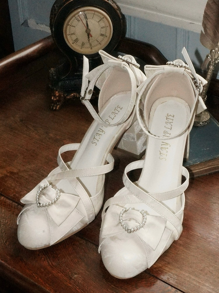 Style in mit PU-Schleifen Heels Beige Herz Lolita Leder Block High Beaded