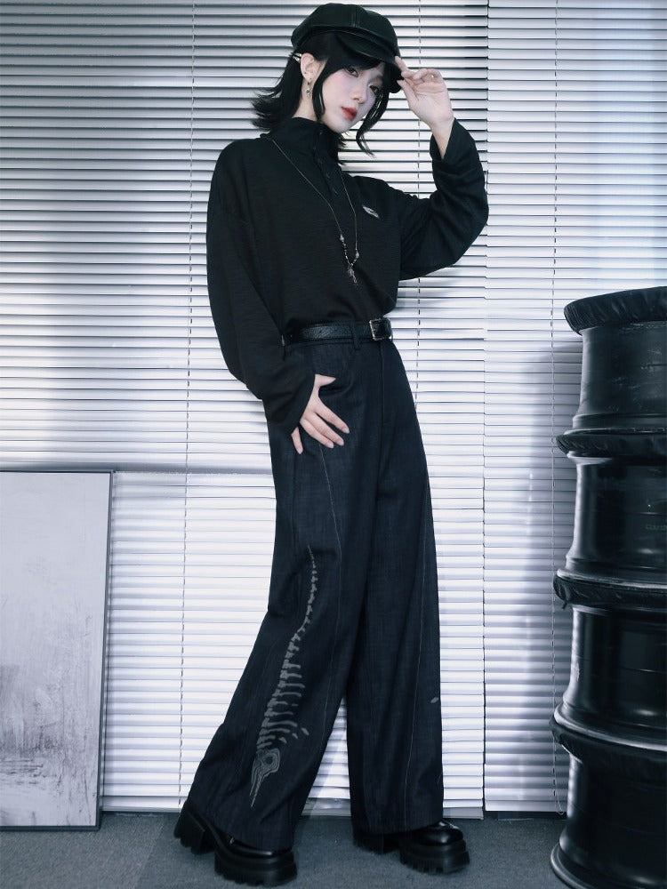 Black Straight-Leg Denim with Embossed Skeleton Whale Graphic - Quirky Hut