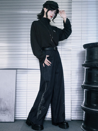 Black Straight-Leg Denim with Embossed Skeleton Whale Graphic - Quirky Hut