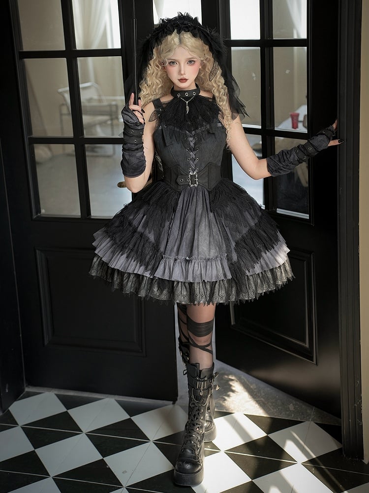 Buckle Feather Dress Panel Straps Shoulder Lace Skirt Gothic Black Lolita