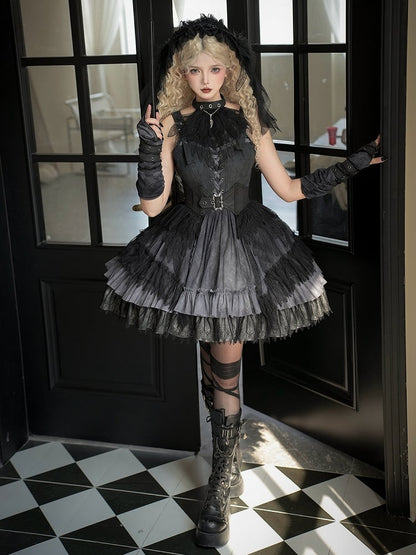 Buckle Feather Dress Panel Straps Shoulder Lace Skirt Gothic Black Lolita