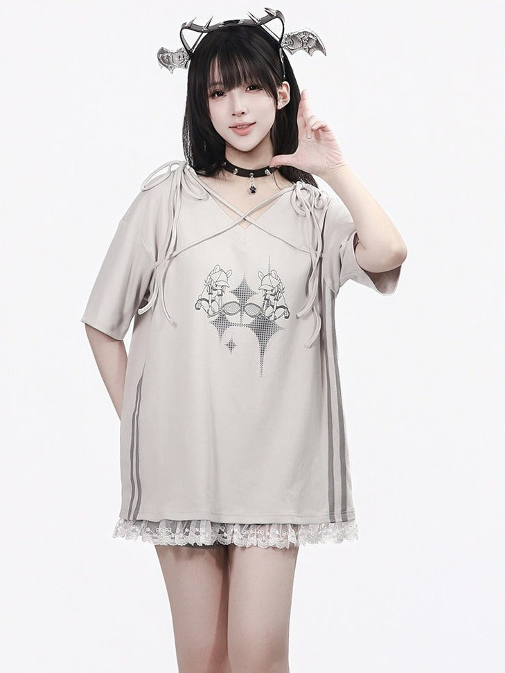 Summer Light Gray Cartoon Print V-Neck Top with Ties and Lace - PINK SAVIOR