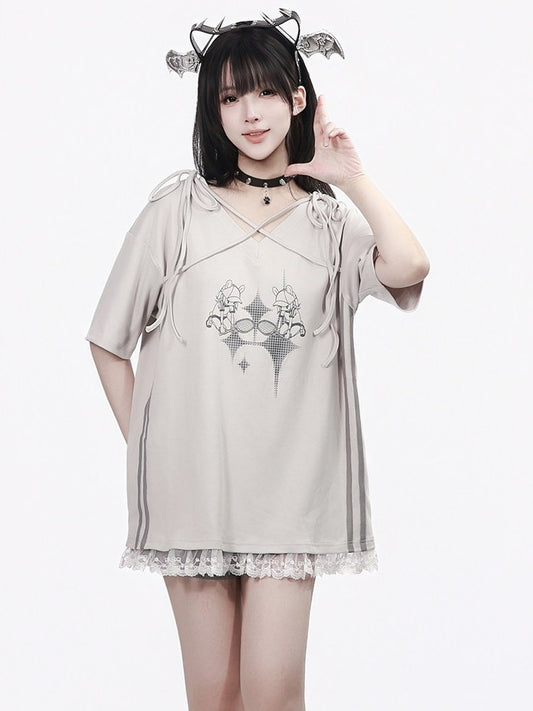 Summer Light Gray Cartoon Print V-Neck Top with Ties and Lace - PINK SAVIOR