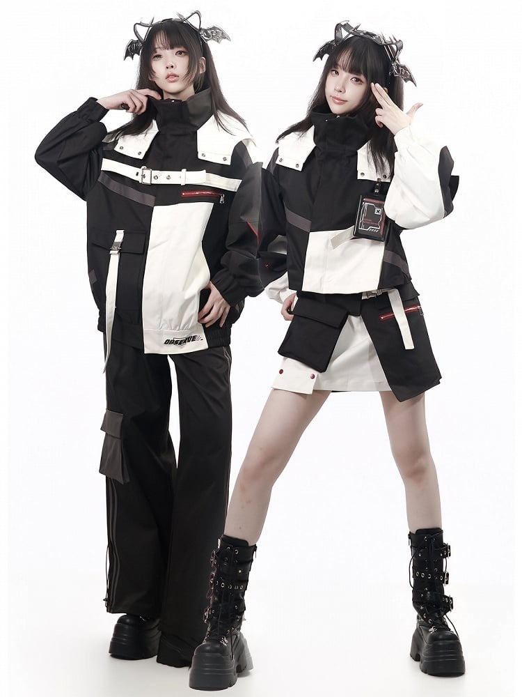 Kawaii Techwear Two-Tone Skirt with Removable Waist Pouch - PINK SAVIOR