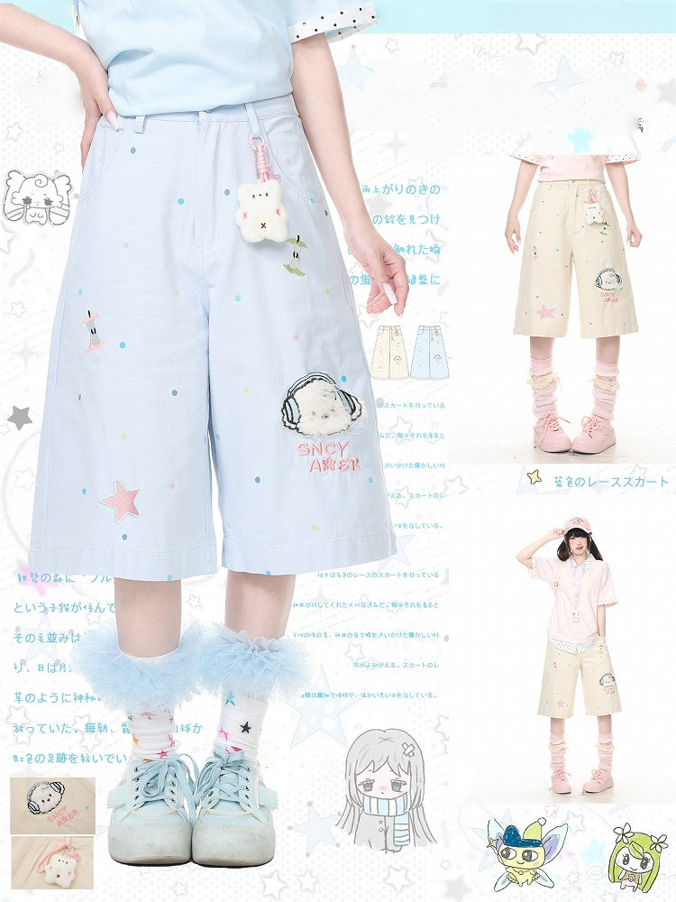 Apricot Polka Dot Cropped Wide Pants with Puppy Embroidery - Languid Park