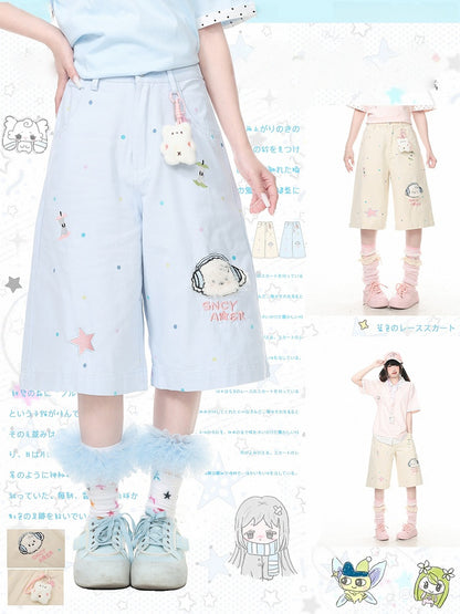 Blue Polka Dot Cropped Wide Pants with Puppy Embroidery - Languid Park