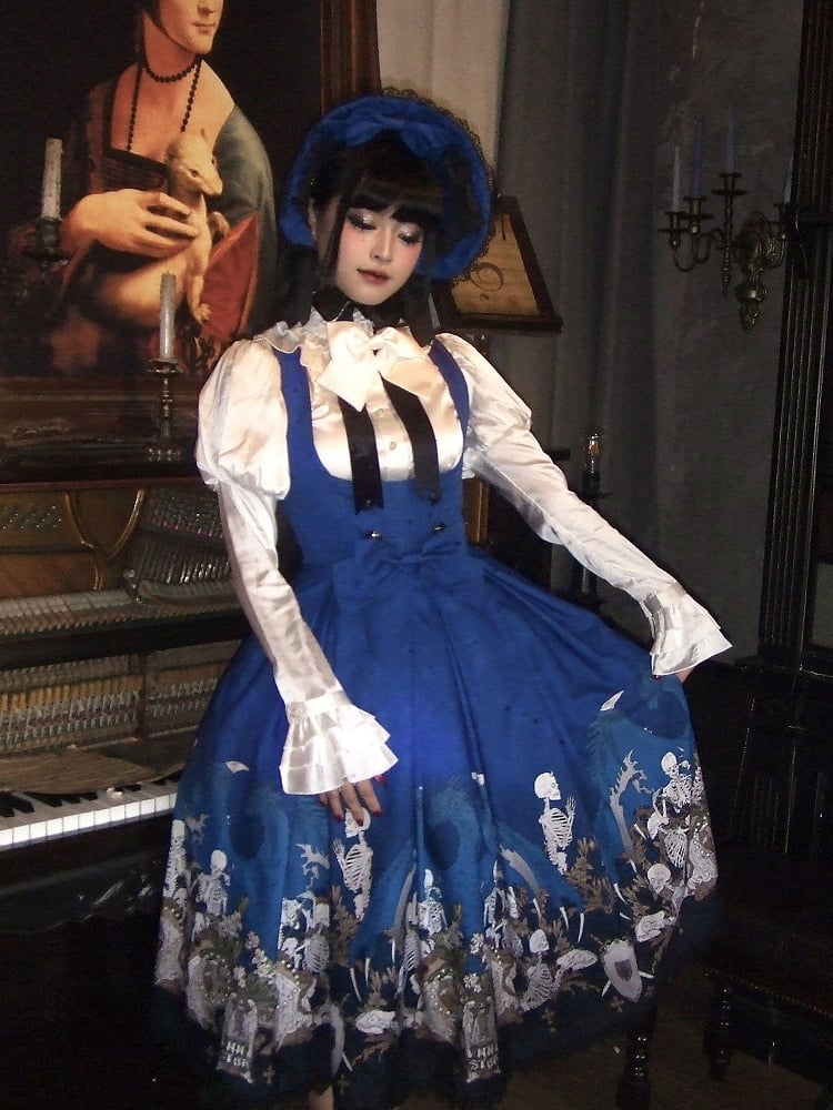Blue Skeleton Cross Print Under Bust Gothic Lolita Dress with Black Lace Trim - NnSTAR
