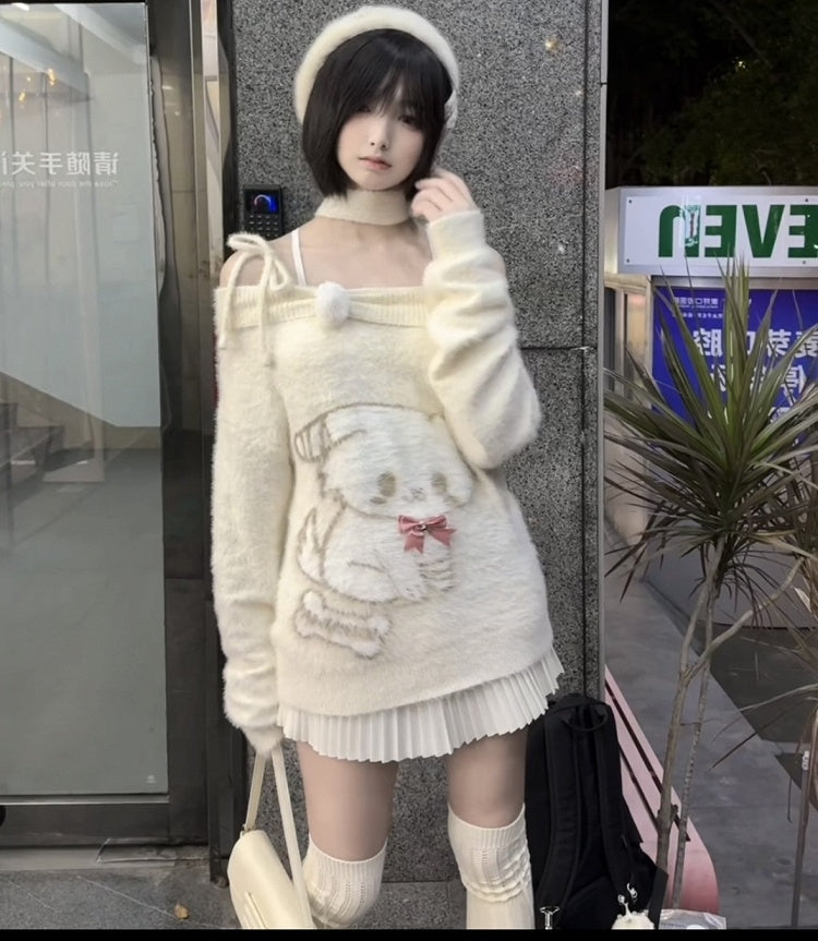 with Plush Pink Sweater Bow Off-Shoulder Beige Kawaii Puppy Details Bell