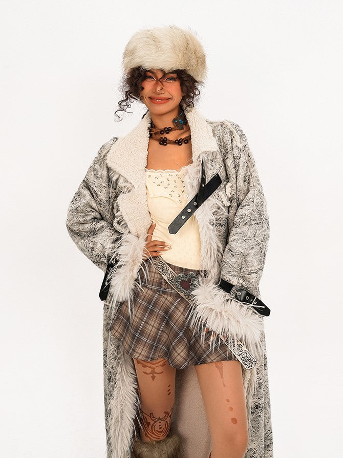Coat Fur Plush with Straps Adjustable Collar White Mid-Length PU Faux