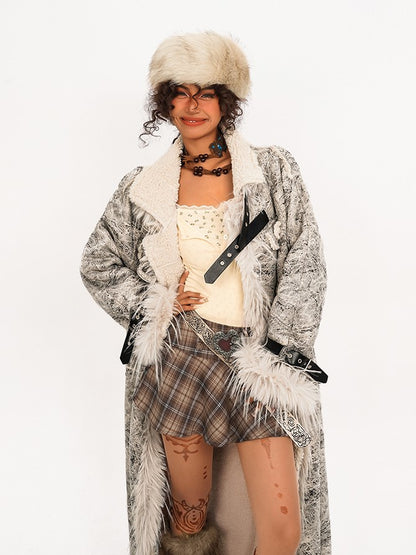 Coat Fur Plush with Straps Adjustable Collar White Mid-Length PU Faux