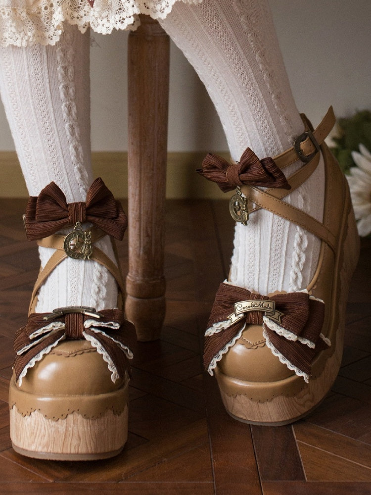 Light PU Round Clock Charm Brown - Shoes Toe Accents Platform Bow