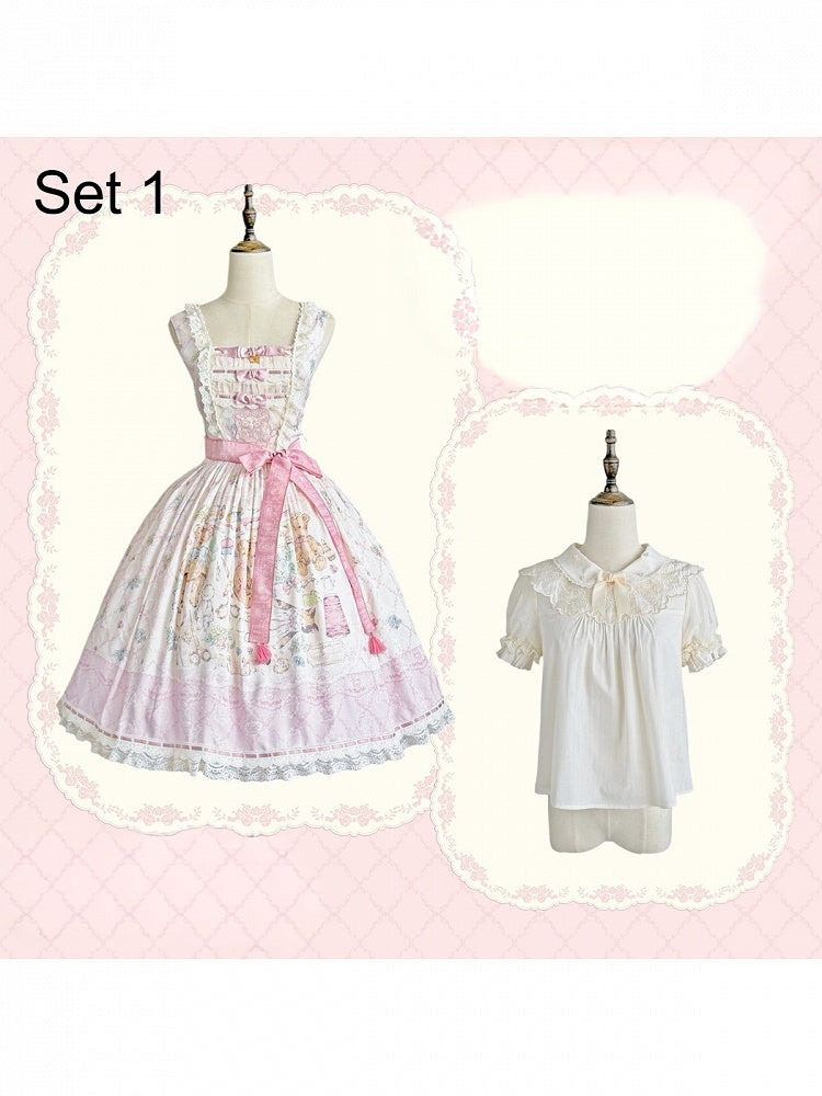 Sweet Lolita JSK Dress Set in Pink with Kawaii Bear Print and Self-Tie Belt - Treasure House