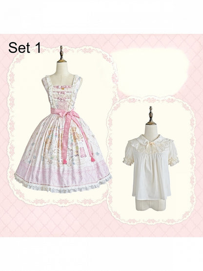 Sweet Lolita JSK Dress Set in Pink with Kawaii Bear Print and Self-Tie Belt - Treasure House