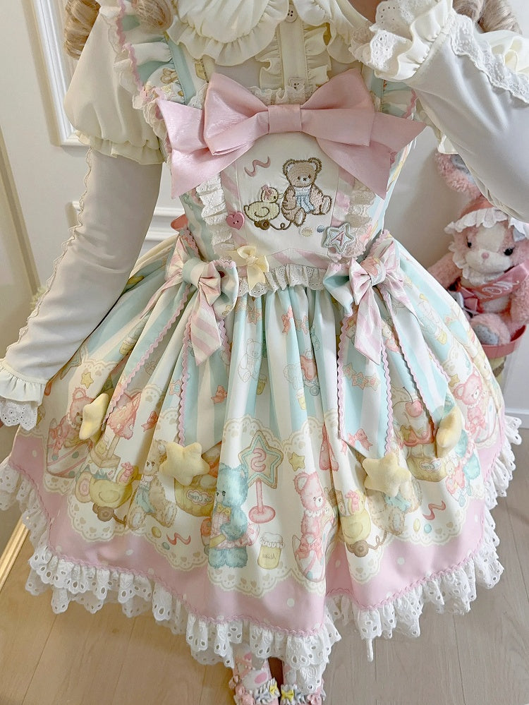 ピンクとグリーンのテディプリントのスイートロリータジャンパースカート