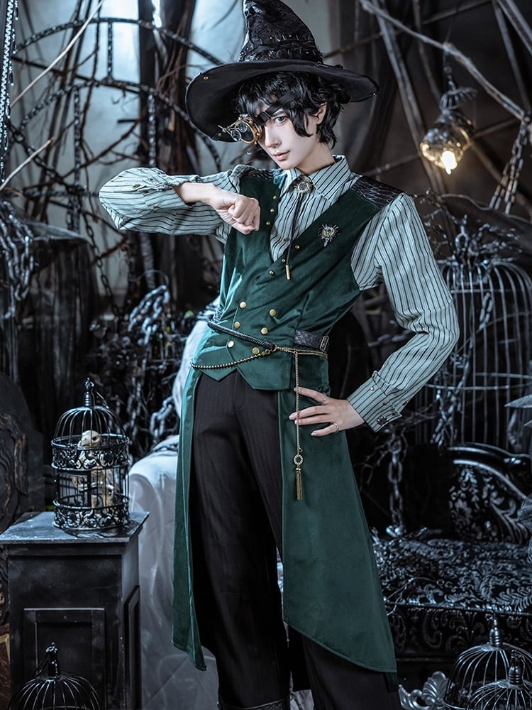 スケールPUスチームパンク柄カフス付きブラックパンツ