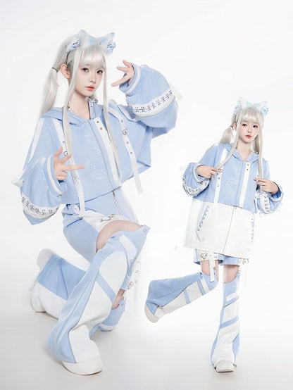 Blue - + Kaiwai J-Style Detachable Futuristic Set Shorts Jacket Leg Coord Light Warmers Tenshi