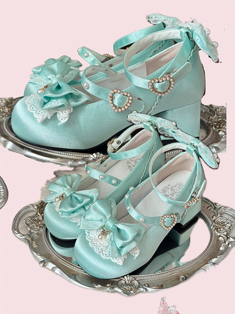Heel Snap Heart Green Mary Details Lolita Satin - Ornate Grass Bowknot Low with Sweet Janes