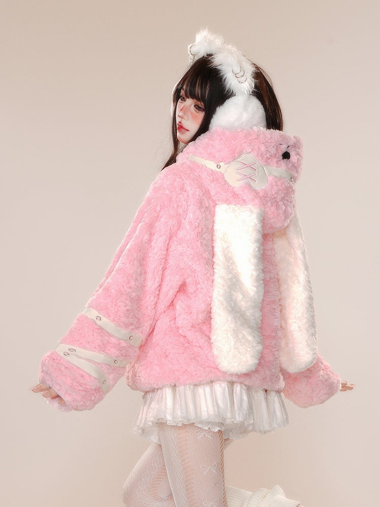 Brown Pink Bunny Ear Thick Zip Hooded Teddy Coat