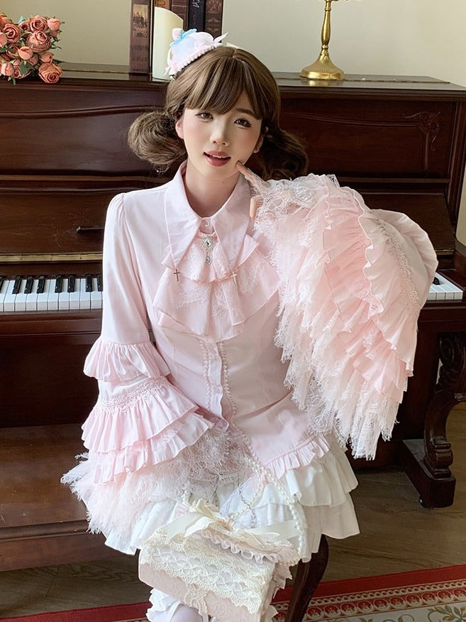 Pink Blouse with Bell Sleeves and Layered Lace - Lan Jian Chuan
