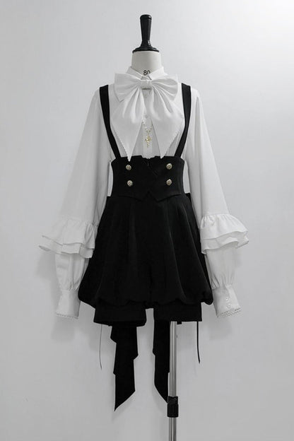 キュート+レトロショートパンツエレガントシャツリボンプリンス予約テールダーク