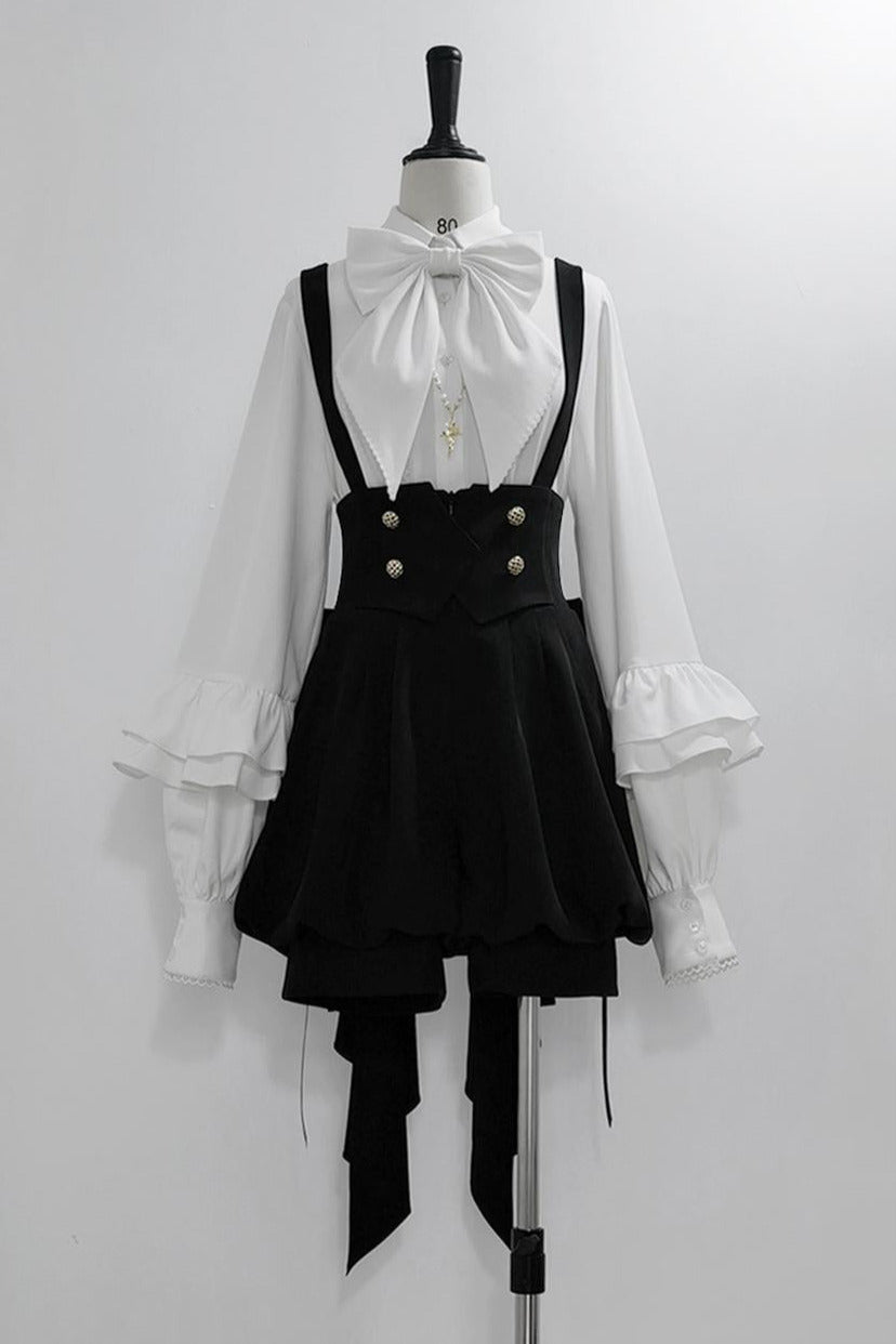 キュート+レトロショートパンツエレガントシャツリボンプリンス予約テールダーク