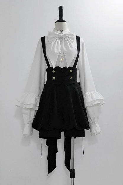 キュート+レトロショートパンツエレガントシャツリボンプリンス予約テールダーク