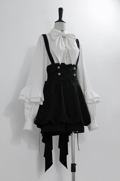 キュート+レトロショートパンツエレガントシャツリボンプリンス予約テールダーク