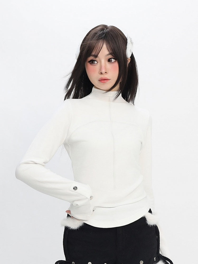 Neck Daily Sleeve Kawaii Studded with White Mock Long Design Top Accents