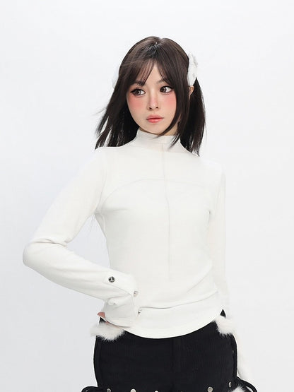 Neck Daily Sleeve Kawaii Studded with White Mock Long Design Top Accents
