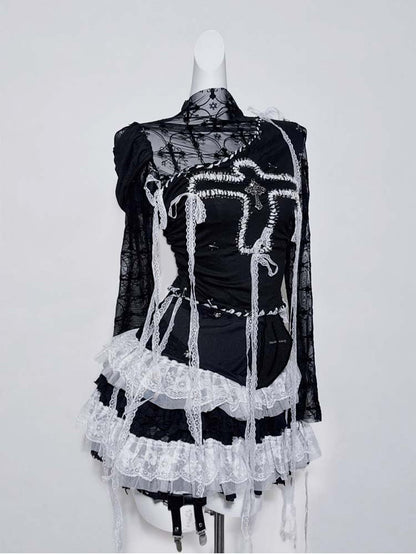 Gothic Black Illusion Neckline Contrast Lace Trim Cross Pin Top