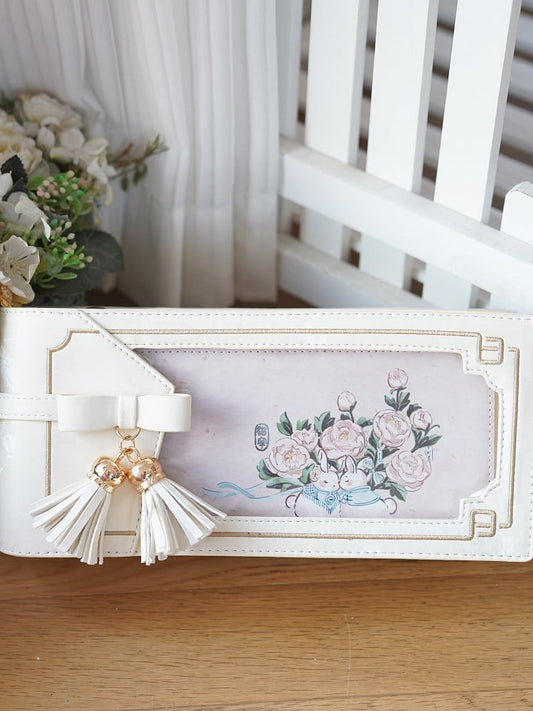 Muster Blumenstil Tasche Schleife Ita Cheongsam mit Akzent PU Fransen Weiß